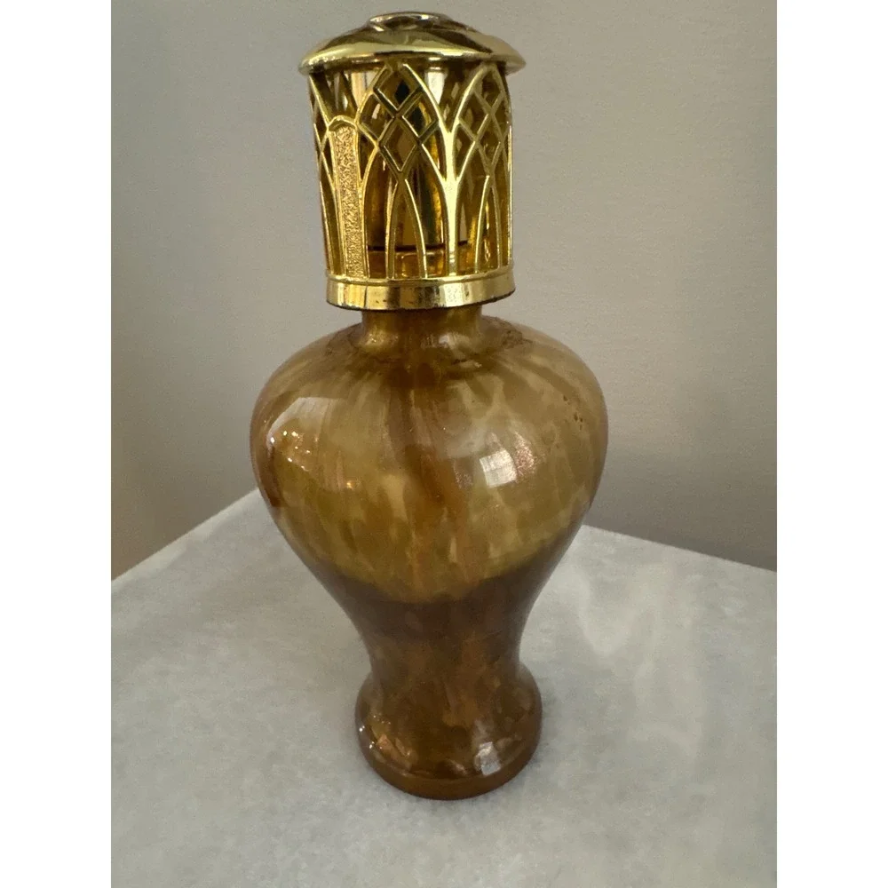 Vintage Amber Marbled Glass Catalytic Fragrance Lamp with Gold Tone Crown Cap